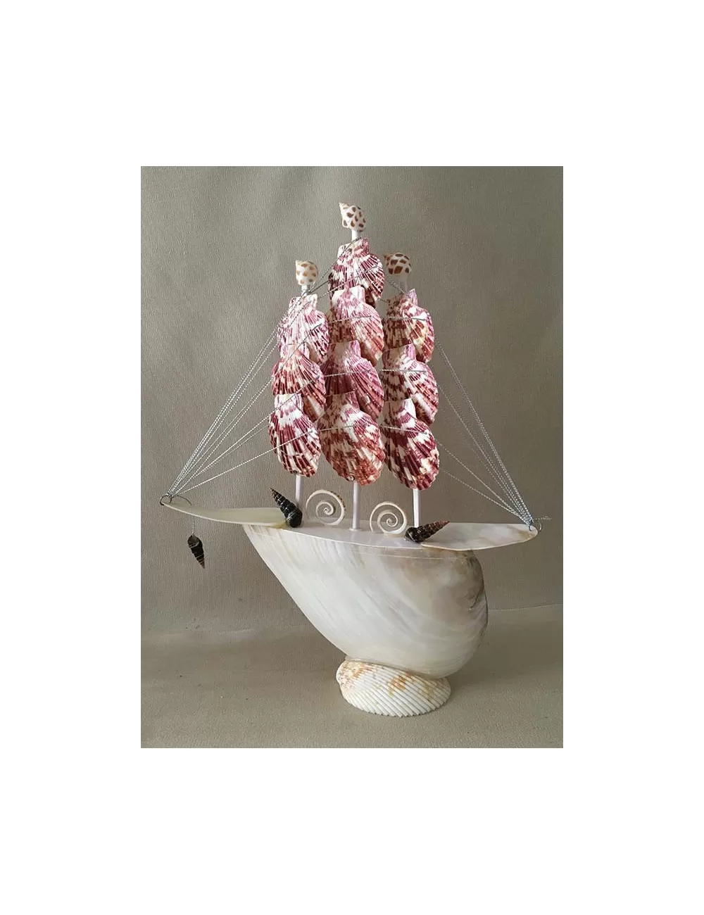 1070 Bateau nacre voiles pecten 25 cm
