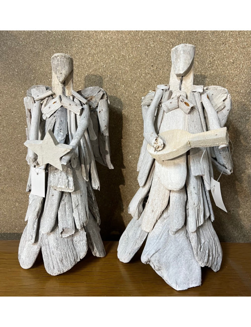 Lot de 2 anges blanchis assortis en bois flotté 30cm