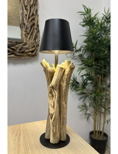 Lampe bois flotté abat jour noir métal rechargeable 37x15cm