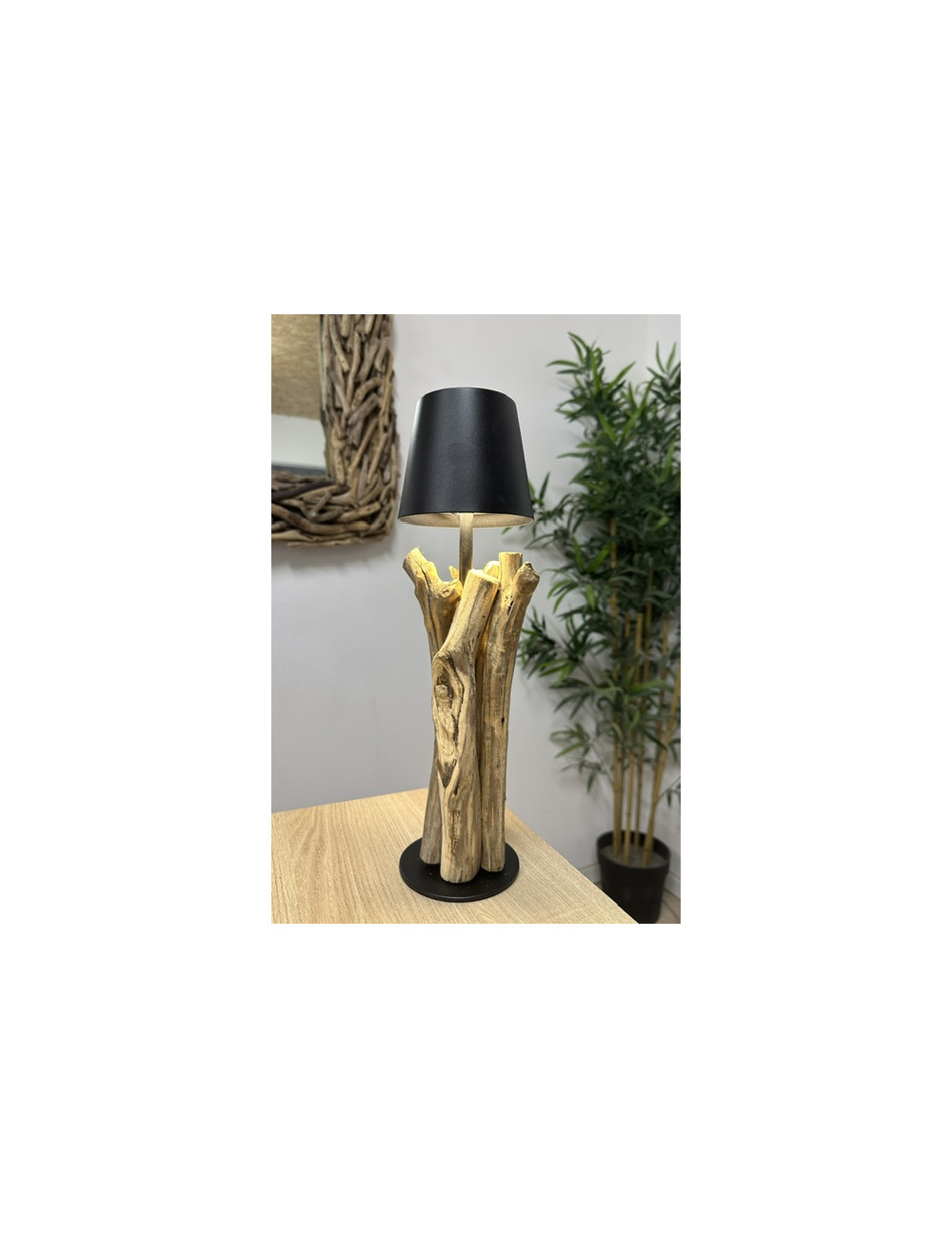 Lampe bois flotté abat jour noir métal rechargeable 37x15cm