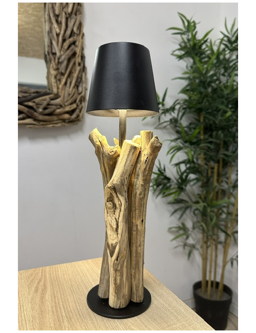 Lampe bois flotté abat jour noir métal rechargeable 37x15cm