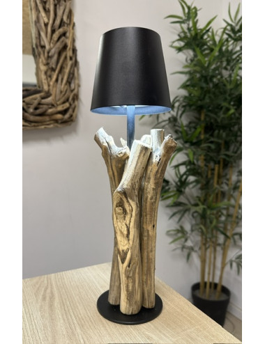 Lampe bois flotté abat jour noir métal rechargeable 37x15cm