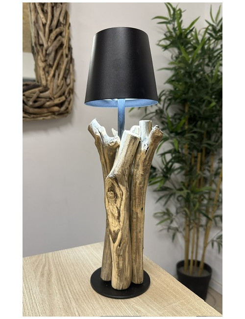 Lampe bois flotté abat jour noir métal rechargeable 37x15cm