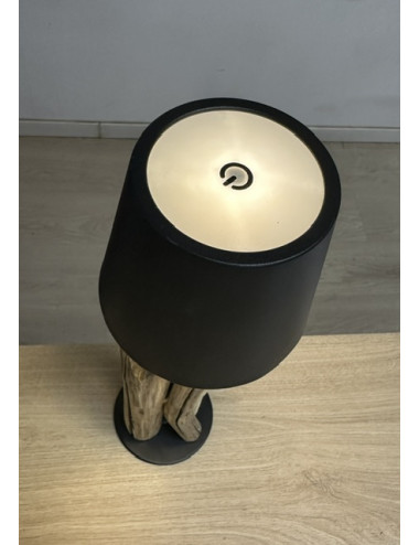 Lampe bois flotté abat jour noir métal rechargeable 37x15cm