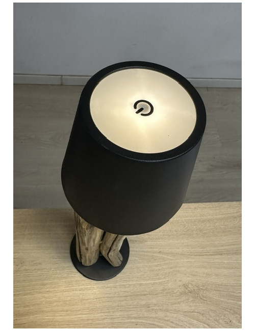 Lampe bois flotté abat jour noir métal rechargeable 37x15cm
